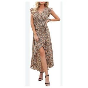 GREEBELLE Floral Wrap Dress High Low Ruffle Hem Midi Size‎ M
